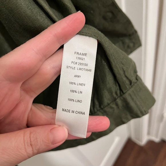 FRAME Army Olive Great Denim Tie Cuff Linen Utilitarian Pocket Jacket XS - Picture 6 of 11